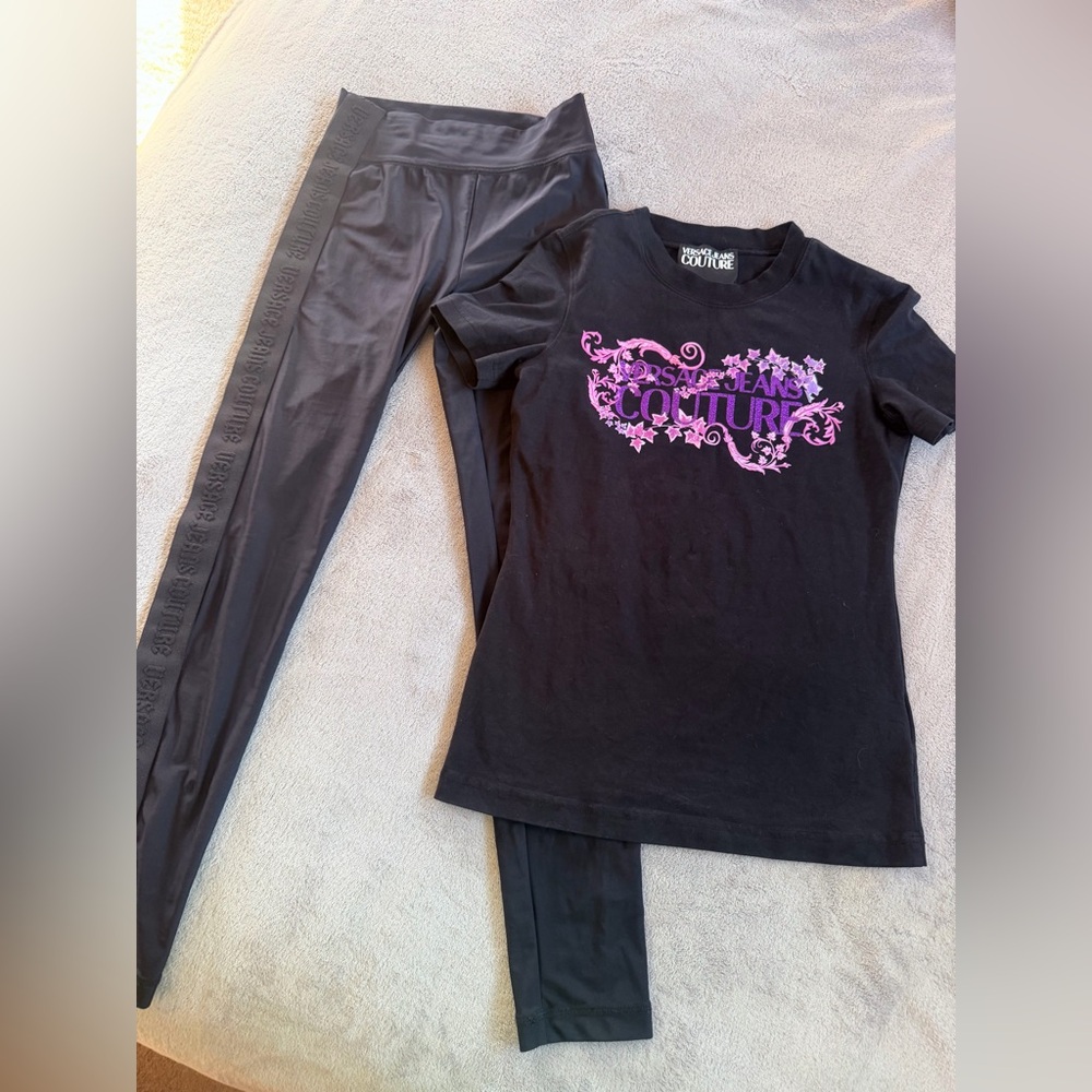 Versace Jeans Couture Black Purple Logo T Shirt Top and Leggings Set Size S